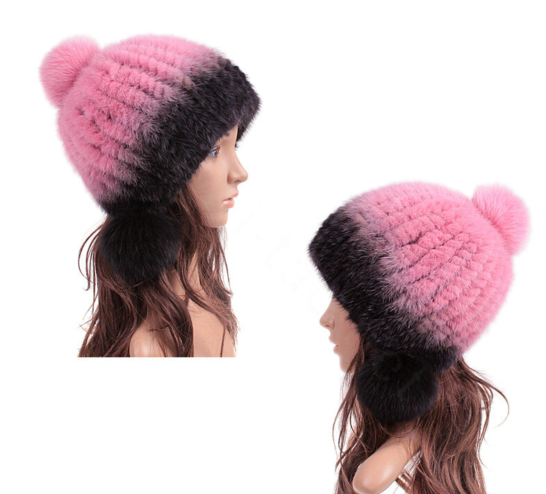 Unique Real Mink Fur Hat With Fox Fur Balls Women Winter Knitted Beanies Dome Caps - Black Pink