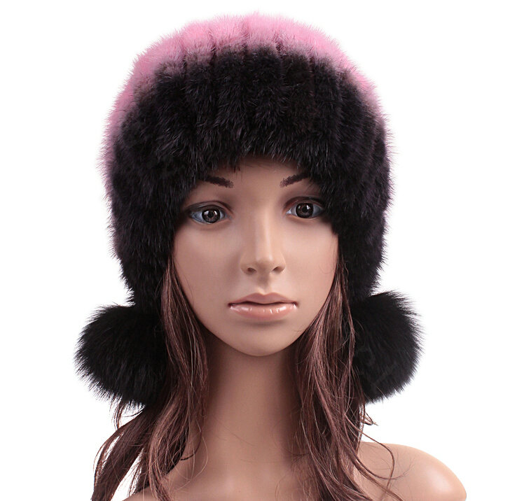 Unique Real Mink Fur Hat With Fox Fur Balls Women Winter Knitted Beanies Dome Caps - Black Pink