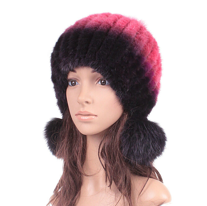 Unique Real Mink Fur Hat With Fox Fur Balls Women Winter Knitted Beanies Dome Caps - Black Red
