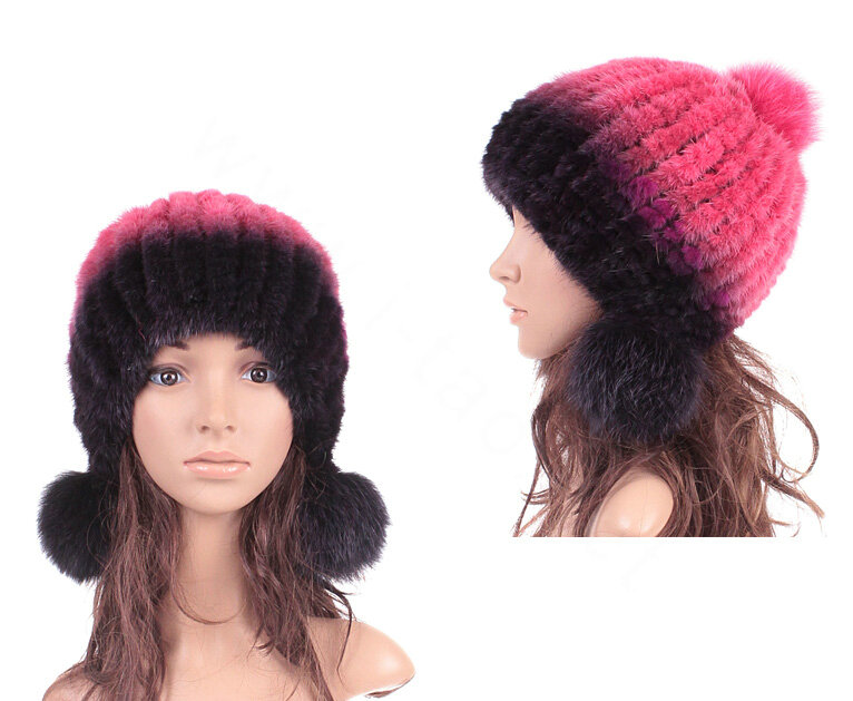 Unique Real Mink Fur Hat With Fox Fur Balls Women Winter Knitted Beanies Dome Caps - Black Red