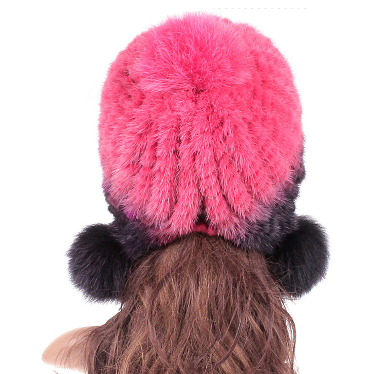 Unique Real Mink Fur Hat With Fox Fur Balls Women Winter Knitted Beanies Dome Caps - Black Red