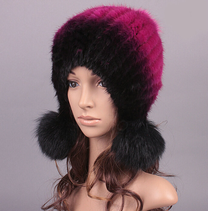 Unique Real Mink Fur Hat With Fox Fur Balls Women Winter Knitted Beanies Dome Caps - Black Rose