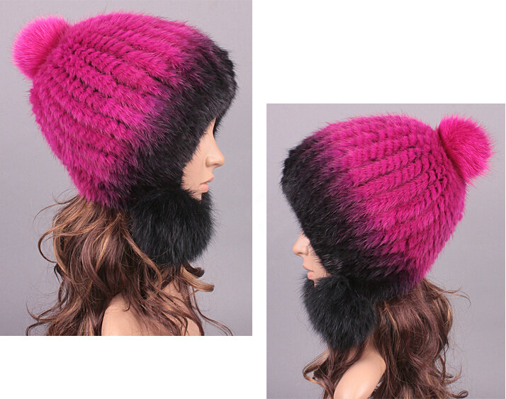Unique Real Mink Fur Hat With Fox Fur Balls Women Winter Knitted Beanies Dome Caps - Black Rose