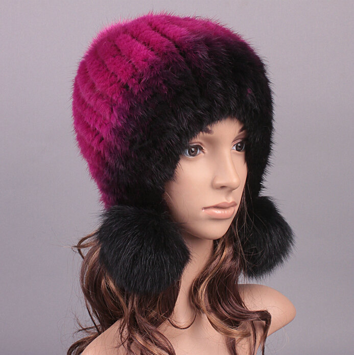 Unique Real Mink Fur Hat With Fox Fur Balls Women Winter Knitted Beanies Dome Caps - Black Rose
