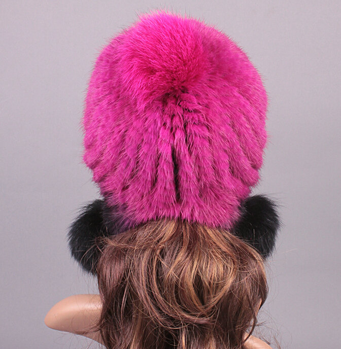 Unique Real Mink Fur Hat With Fox Fur Balls Women Winter Knitted Beanies Dome Caps - Black Rose