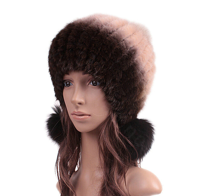 Unique Real Mink Fur Hat With Fox Fur Balls Women Winter Knitted Beanies Dome Caps - Coffee Beige