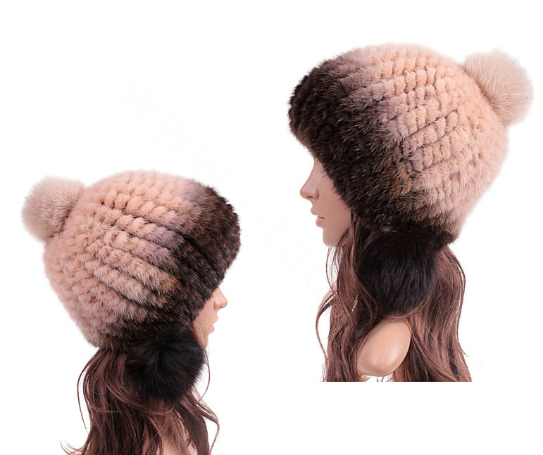 Unique Real Mink Fur Hat With Fox Fur Balls Women Winter Knitted Beanies Dome Caps - Coffee Beige
