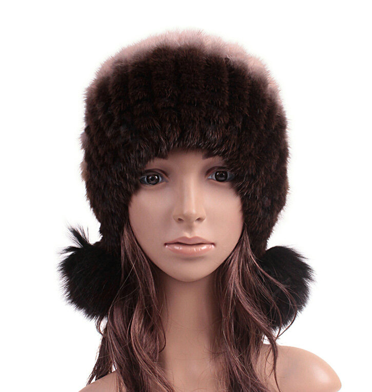 Unique Real Mink Fur Hat With Fox Fur Balls Women Winter Knitted Beanies Dome Caps - Coffee Beige