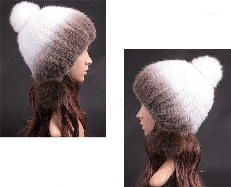 Unique Real Mink Fur Hat With Fox Fur Balls Women Winter Knitted Beanies Dome Caps - Coffee White