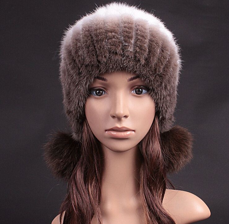 Unique Real Mink Fur Hat With Fox Fur Balls Women Winter Knitted Beanies Dome Caps - Coffee White