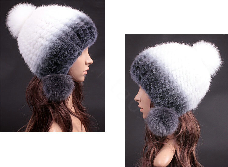 Unique Real Mink Fur Hat With Fox Fur Balls Women Winter Knitted Beanies Dome Caps - Grey White