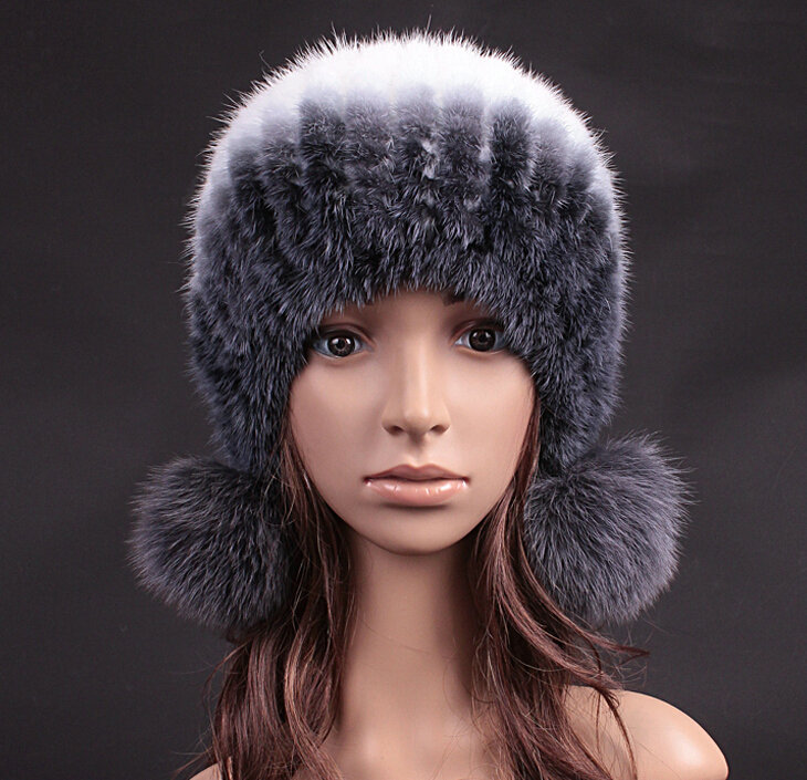 Unique Real Mink Fur Hat With Fox Fur Balls Women Winter Knitted Beanies Dome Caps - Grey White
