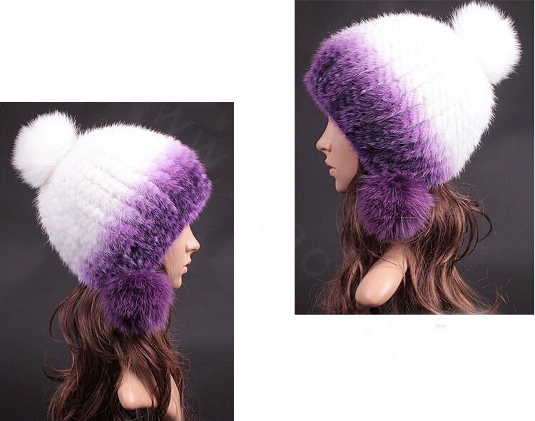 Unique Real Mink Fur Hat With Fox Fur Balls Women Winter Knitted Beanies Dome Caps - Purple White