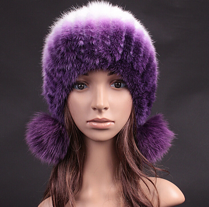 Unique Real Mink Fur Hat With Fox Fur Balls Women Winter Knitted Beanies Dome Caps - Purple White