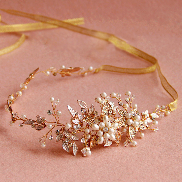 Vintage Gold Crystal Beads Pearl Flower Wedding Bridal Hairbands Women Hair Ribbon Accessories