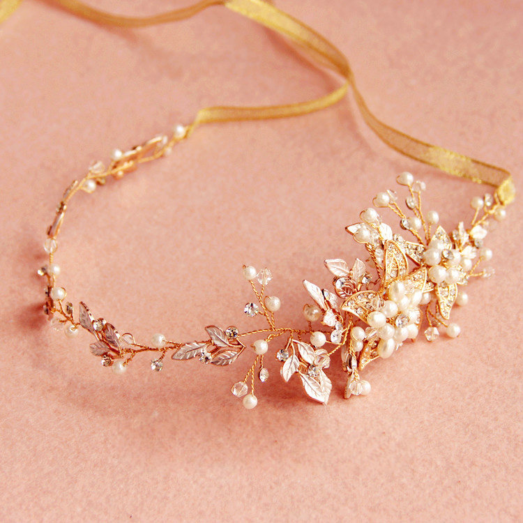 Vintage Gold Crystal Beads Pearl Flower Wedding Bridal Hairbands Women Hair Ribbon Accessories