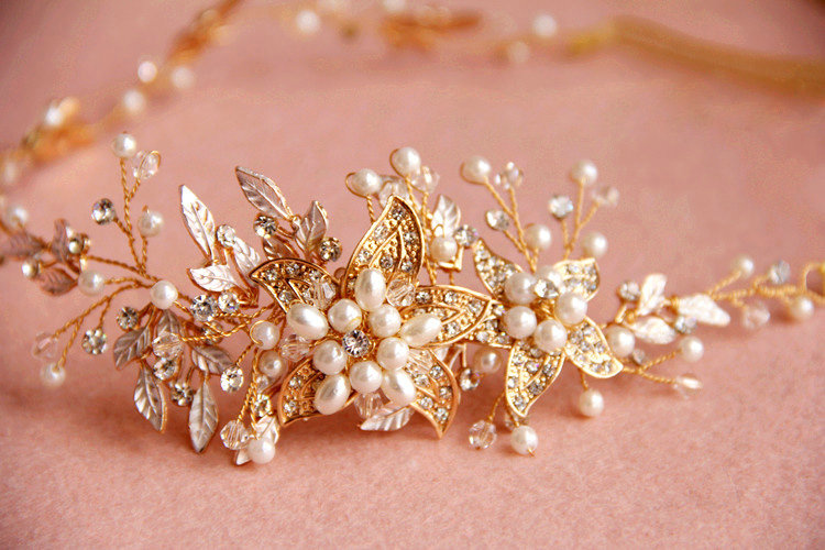 Vintage Gold Crystal Beads Pearl Flower Wedding Bridal Hairbands Women Hair Ribbon Accessories