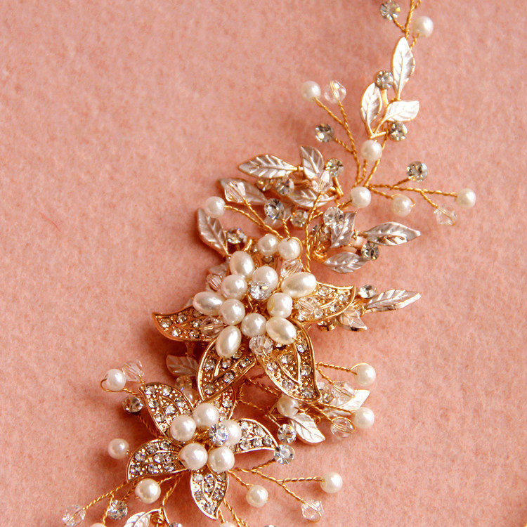 Vintage Gold Crystal Beads Pearl Flower Wedding Bridal Hairbands Women Hair Ribbon Accessories