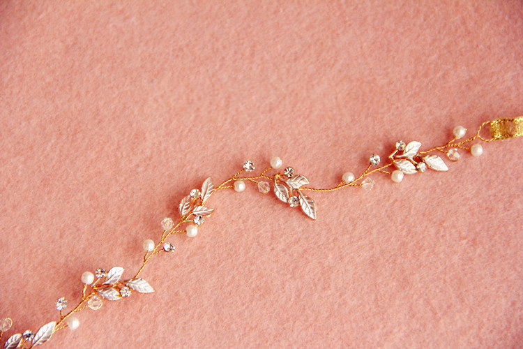 Vintage Gold Crystal Beads Pearl Flower Wedding Bridal Hairbands Women Hair Ribbon Accessories