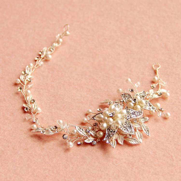 Vintage Sliver Crystal Beads Pearl Flower Wedding Bridal Hairbands Women Hair Vine Accessories