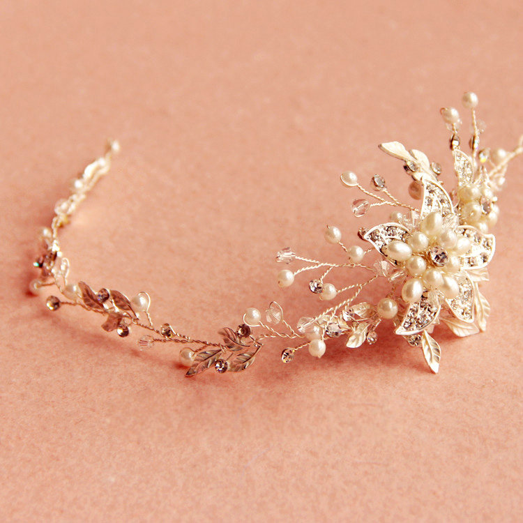 Vintage Sliver Crystal Beads Pearl Flower Wedding Bridal Hairbands Women Hair Vine Accessories