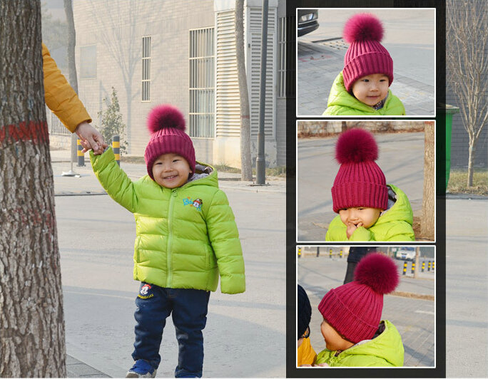 Winter Baby's Knitted Hat With Fox Fur Poms Poms Unisex Kids Casual Snow Caps - Wine Red