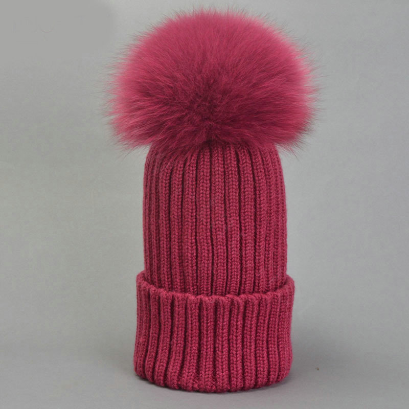 Winter Baby's Knitted Hat With Fox Fur Poms Poms Unisex Kids Casual Snow Caps - Wine Red