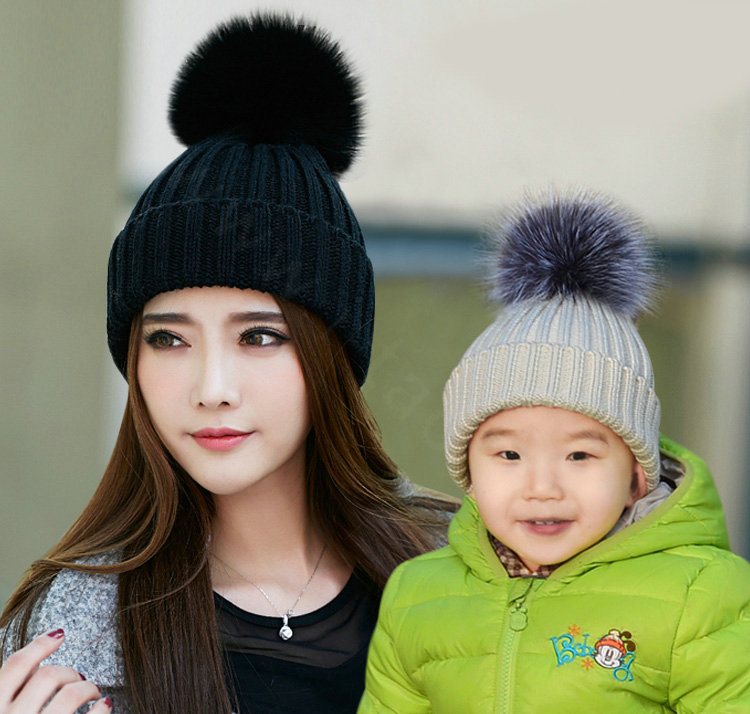 Winter Baby's Knitted Hat With Sliver Fox Fur Poms Poms Unisex Kids Casual Beanies - Beige