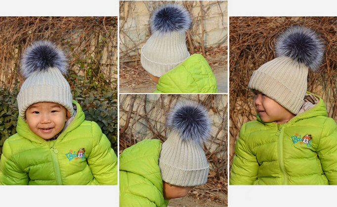 Winter Baby's Knitted Hat With Sliver Fox Fur Poms Poms Unisex Kids Casual Beanies - Beige
