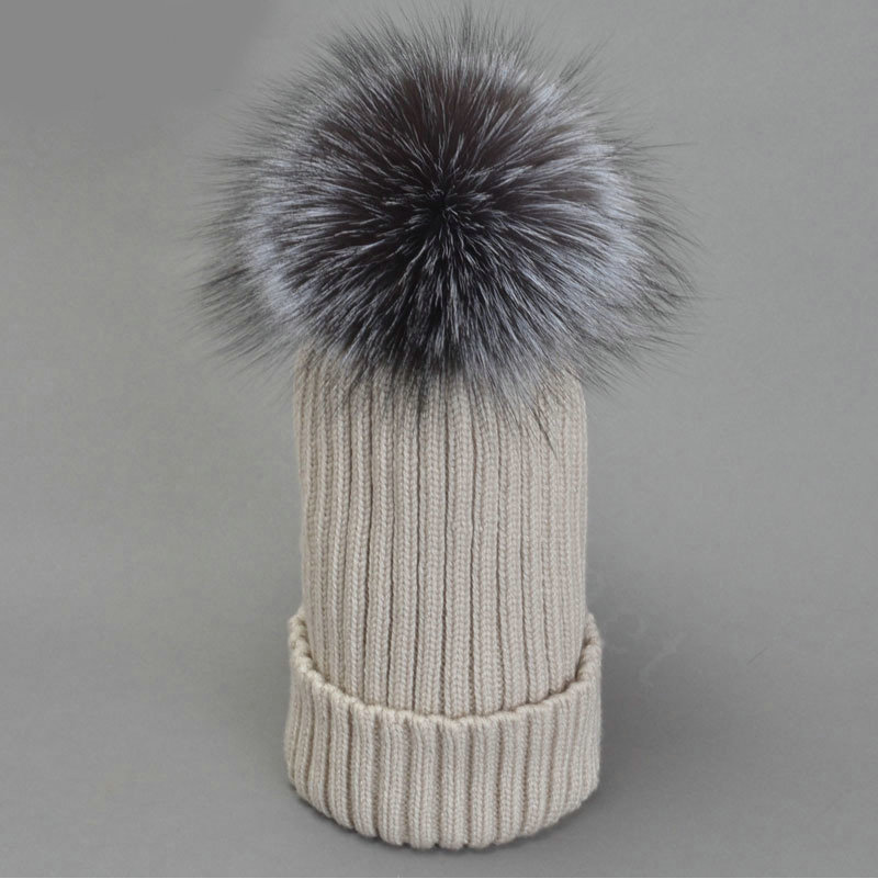 Winter Baby's Knitted Hat With Sliver Fox Fur Poms Poms Unisex Kids Casual Beanies - Beige