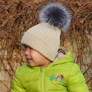 Winter Baby's Knitted Hat With Sliver Fox Fur Poms Poms Unisex Kids Casual Beanies - Beige