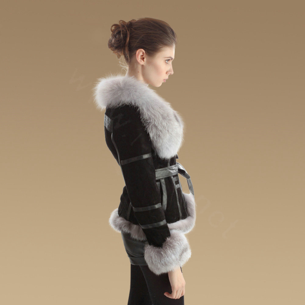Winter Fashion Women Natural Sheep Leather Coat With Genuine Fox Fur Collar Belt Jackets - Black