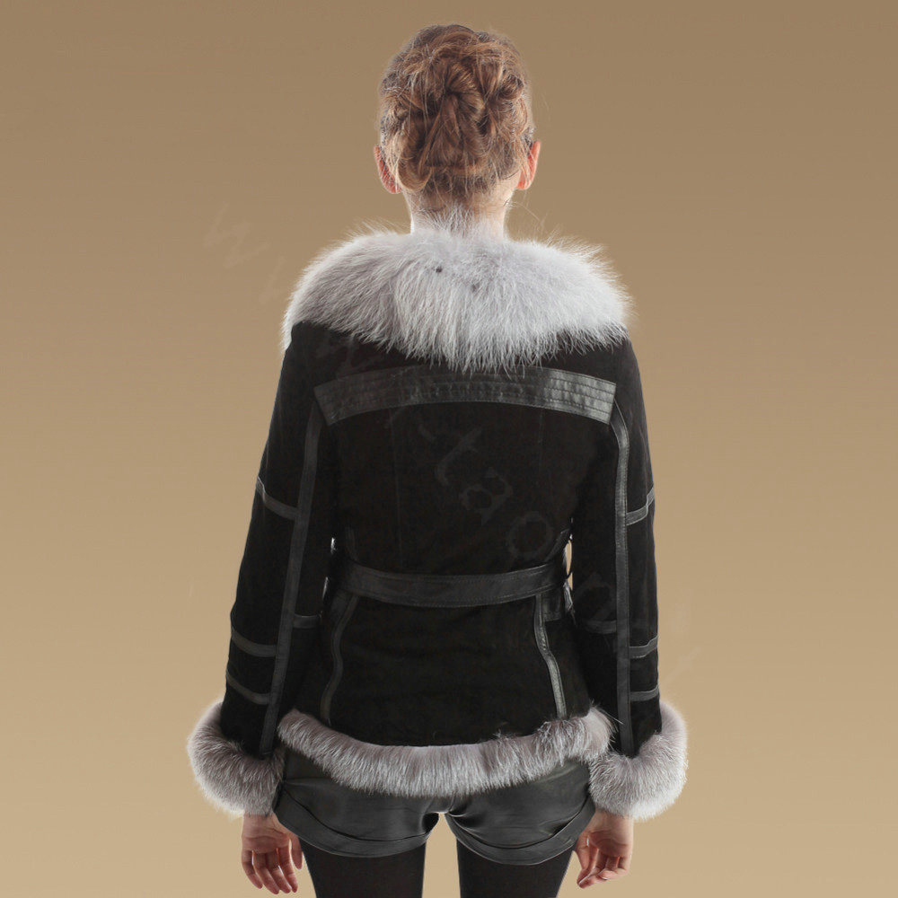 Winter Fashion Women Natural Sheep Leather Coat With Genuine Fox Fur Collar Belt Jackets - Black