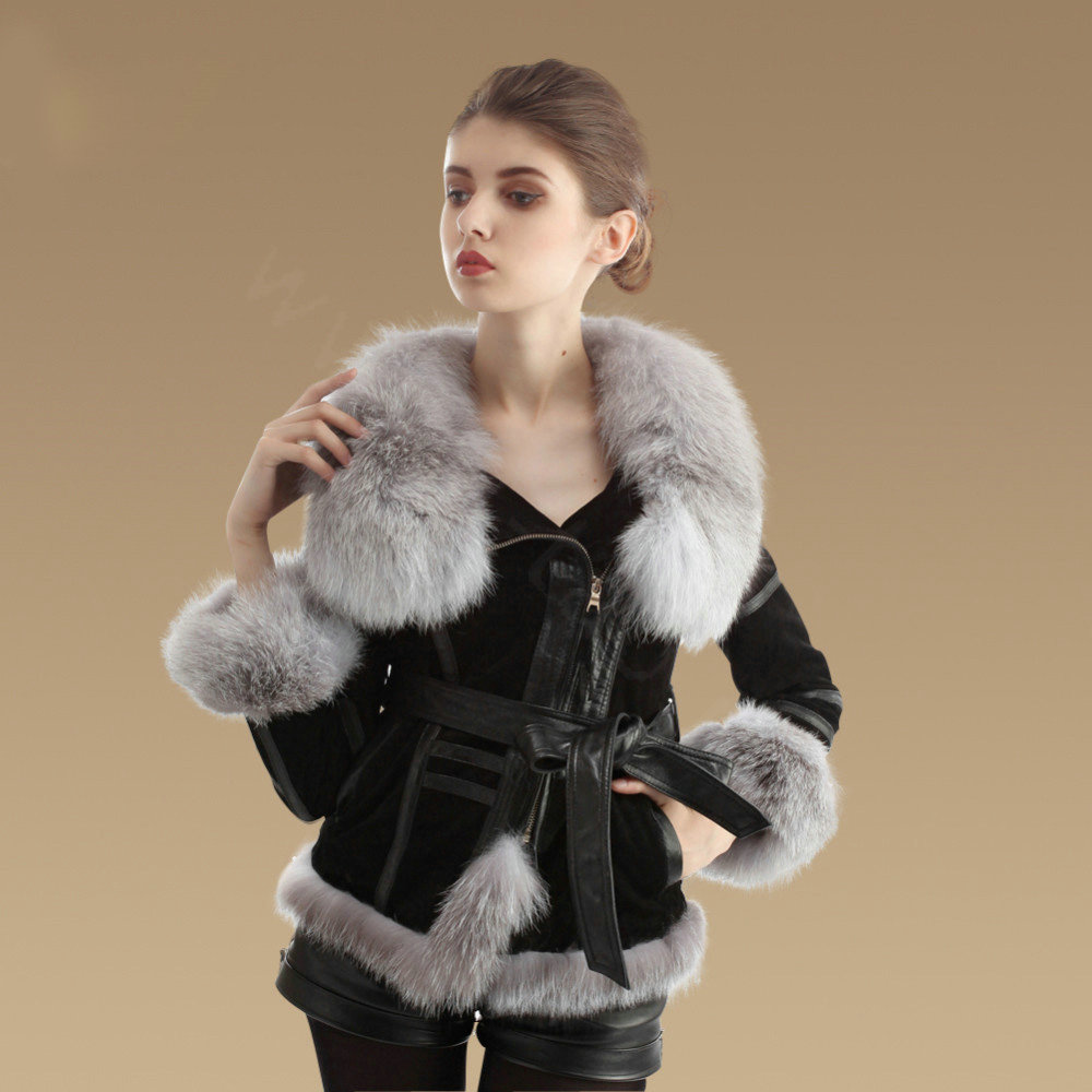 Winter Fashion Women Natural Sheep Leather Coat With Genuine Fox Fur Collar Belt Jackets - Black
