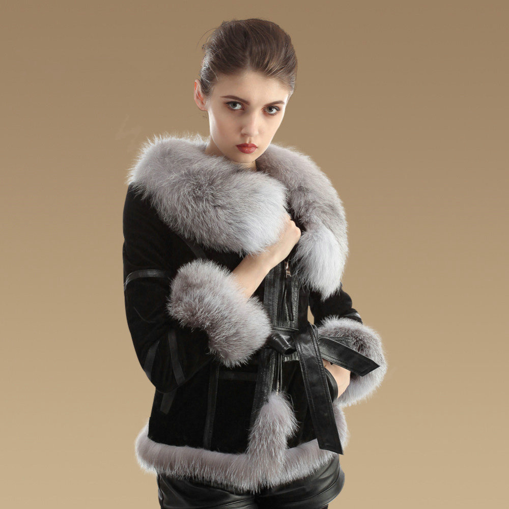 Winter Fashion Women Natural Sheep Leather Coat With Genuine Fox Fur Collar Belt Jackets - Black