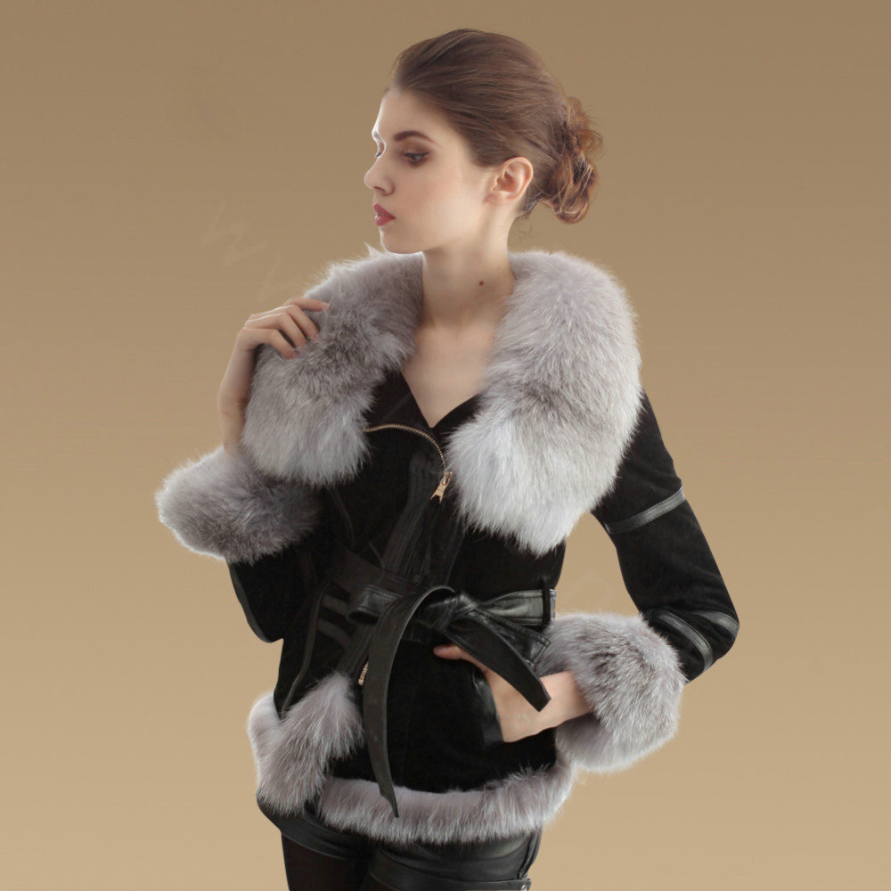 Winter Fashion Women Natural Sheep Leather Coat With Genuine Fox Fur Collar Belt Jackets - Black
