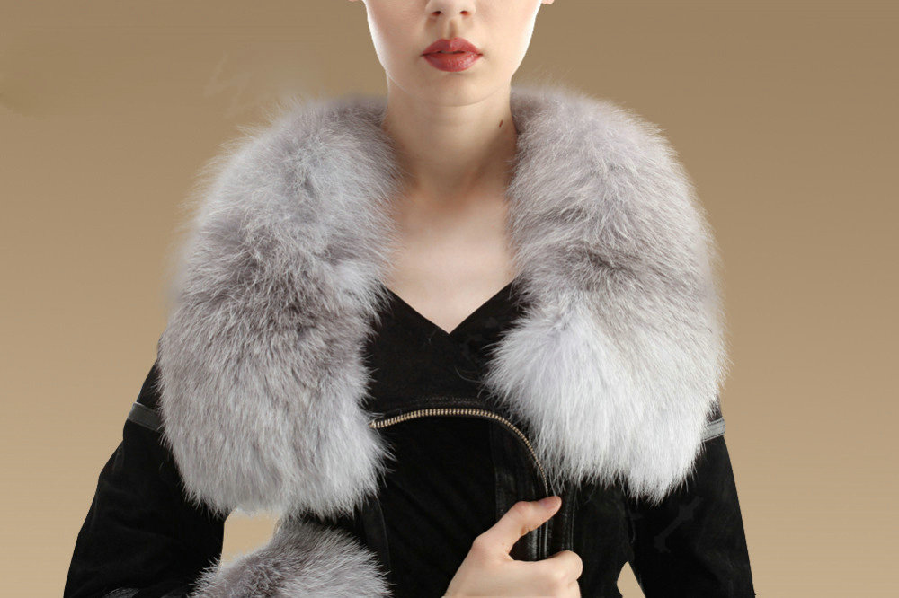 Winter Fashion Women Natural Sheep Leather Coat With Genuine Fox Fur Collar Belt Jackets - Black
