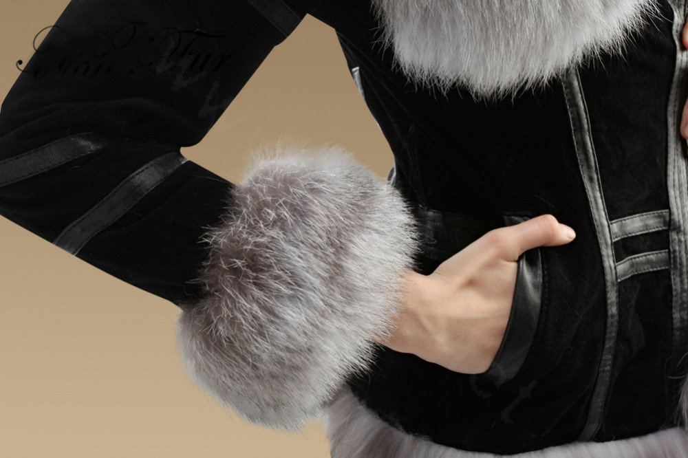 Winter Fashion Women Natural Sheep Leather Coat With Genuine Fox Fur Collar Belt Jackets - Black