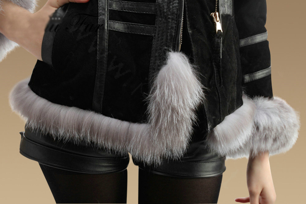Winter Fashion Women Natural Sheep Leather Coat With Genuine Fox Fur Collar Belt Jackets - Black