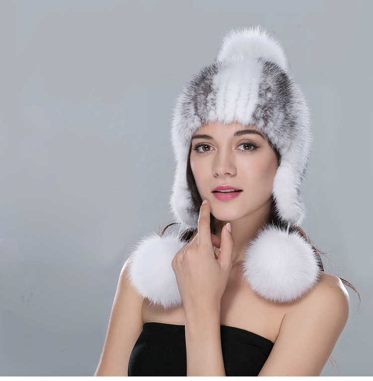 Winter Genuine Cross Mink Fur Caps With Fox Fur Pom Poms Women Knitted Bomber Hat - White