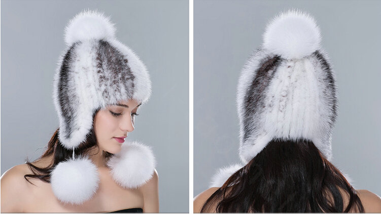 Winter Genuine Cross Mink Fur Caps With Fox Fur Pom Poms Women Knitted Bomber Hat - White