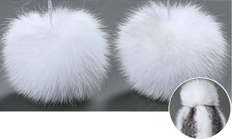 Winter Genuine Cross Mink Fur Caps With Fox Fur Pom Poms Women Knitted Bomber Hat - White