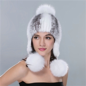 Winter Genuine Cross Mink Fur Caps With Fox Fur Pom Poms Women Knitted Bomber Hat - White