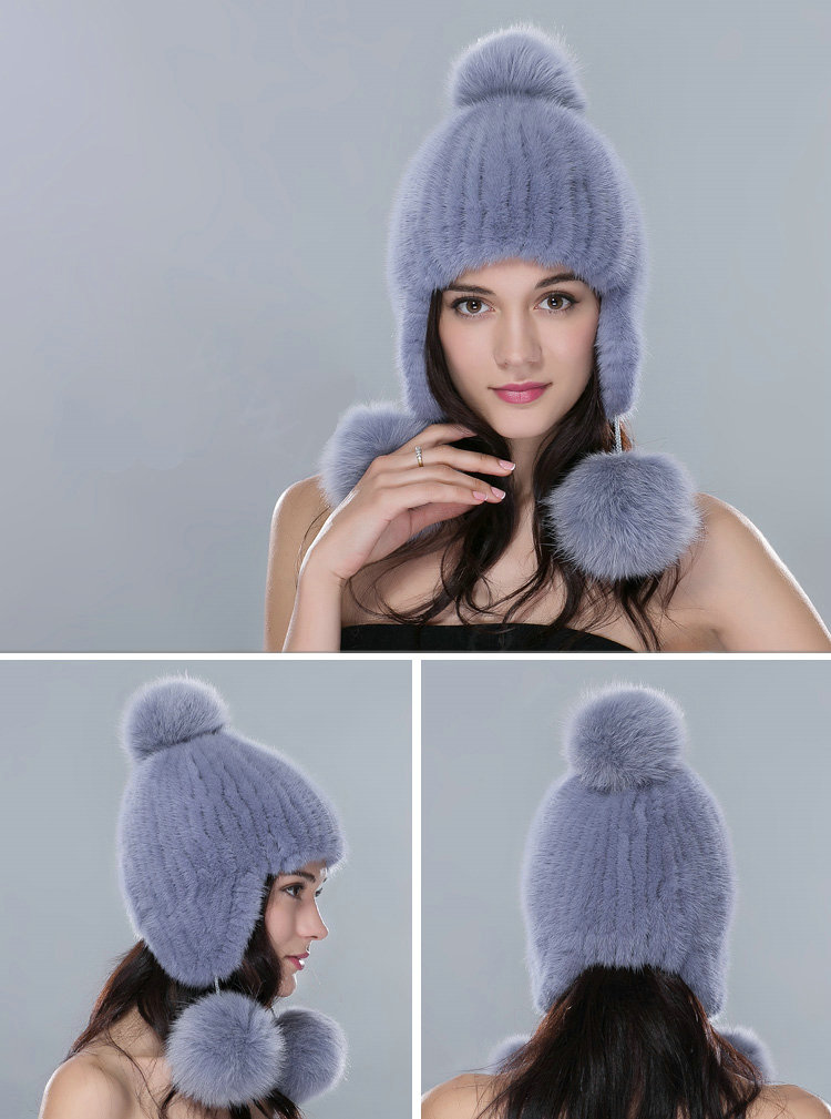 Winter Genuine Mink Fur Caps With Fox Fur Pom Poms Women Knitted Bomber Hat Ear Protector - Blue