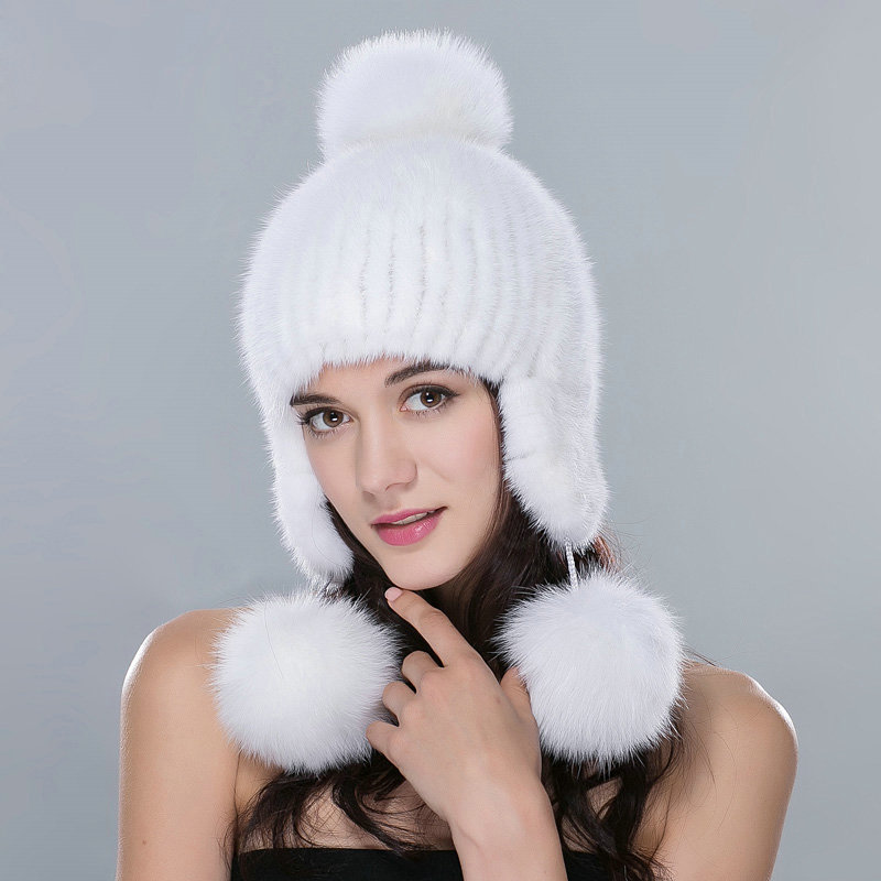 Winter Genuine Mink Fur Caps With Fox Fur Pom Poms Women Knitted Bomber Hat Ear Protector - White