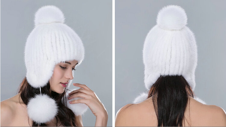 Winter Genuine Mink Fur Caps With Fox Fur Pom Poms Women Knitted Bomber Hat Ear Protector - White