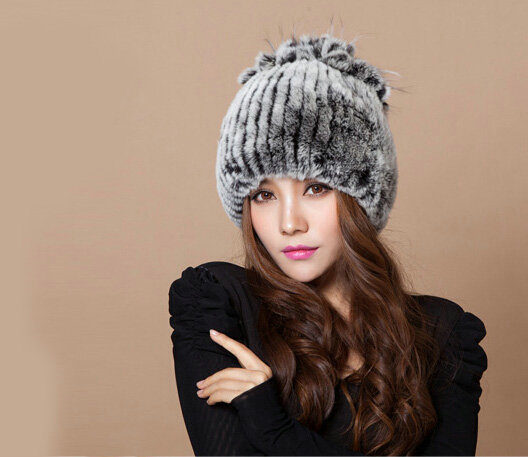 Winter Knitted Beanies Genuine Rex Rabbit Fur Hat With Fox Fur Flower Top Fashion Women Hat - Grey
