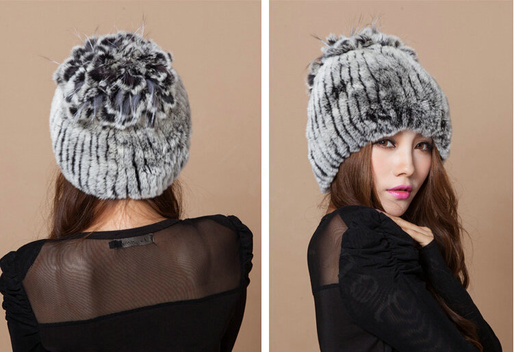Winter Knitted Beanies Genuine Rex Rabbit Fur Hat With Fox Fur Flower Top Fashion Women Hat - Grey