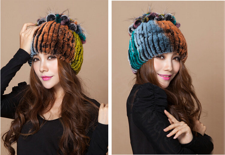 Winter Knitted Beanies Genuine Rex Rabbit Fur Hat With Fox Fur Flower Top Women Hat - Colorful