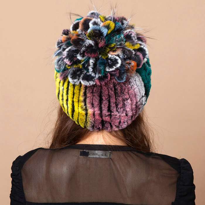 Winter Knitted Beanies Genuine Rex Rabbit Fur Hat With Fox Fur Flower Top Women Hat - Colorful